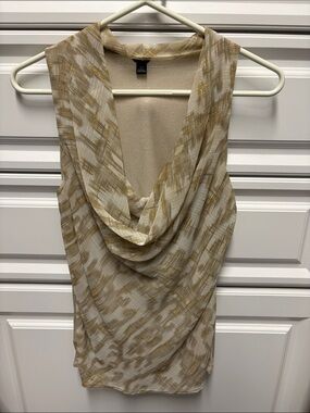 WHBM Draped Cowl Neck Sleeveless Blouse in Beige with Gold Accents